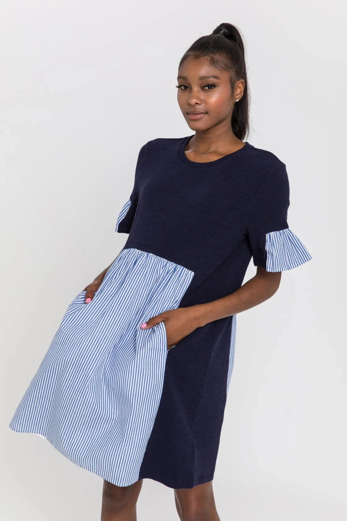 english_factory__knit_str_13.webp ENGLISH FACTORY Tops*- Knit Stripe Woven Mixed Dress