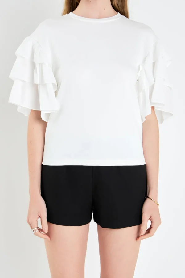 ENGLISH FACTORY Tops*- Layered Ruffles Mixed Media Top WHITE