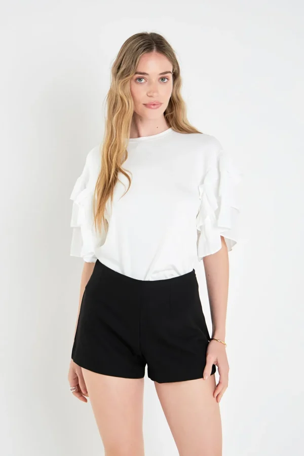 ENGLISH FACTORY Tops*- Layered Ruffles Mixed Media Top WHITE