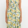 ENGLISH FACTORY Tops*- Lemon Print Smocked Bodice Midi Dress YELLOWMULTI