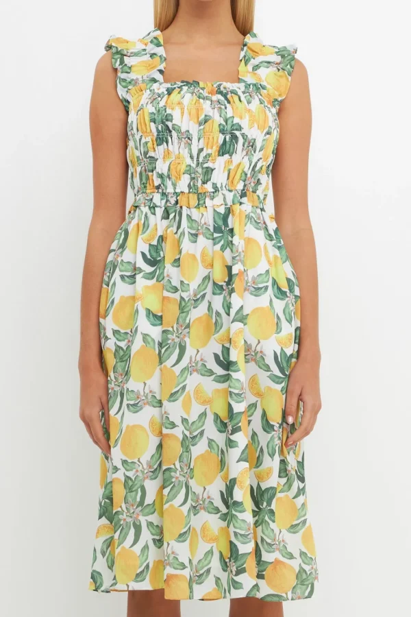 ENGLISH FACTORY Tops*- Lemon Print Smocked Bodice Midi Dress YELLOWMULTI