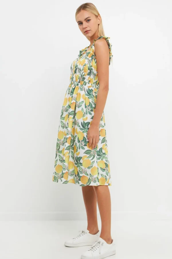 ENGLISH FACTORY Tops*- Lemon Print Smocked Bodice Midi Dress YELLOWMULTI