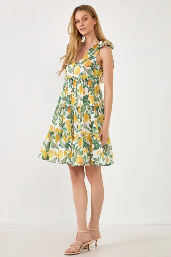 ENGLISH FACTORY Tops*- Lemon Print Tiered Mini Dress YELLOWMULTI