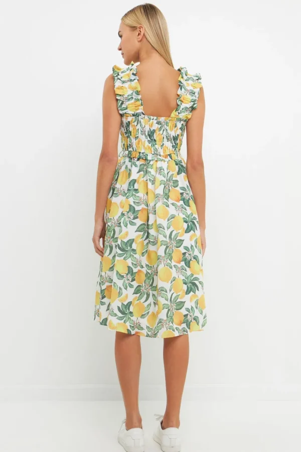ENGLISH FACTORY Tops*- Lemon Print Smocked Bodice Midi Dress YELLOWMULTI