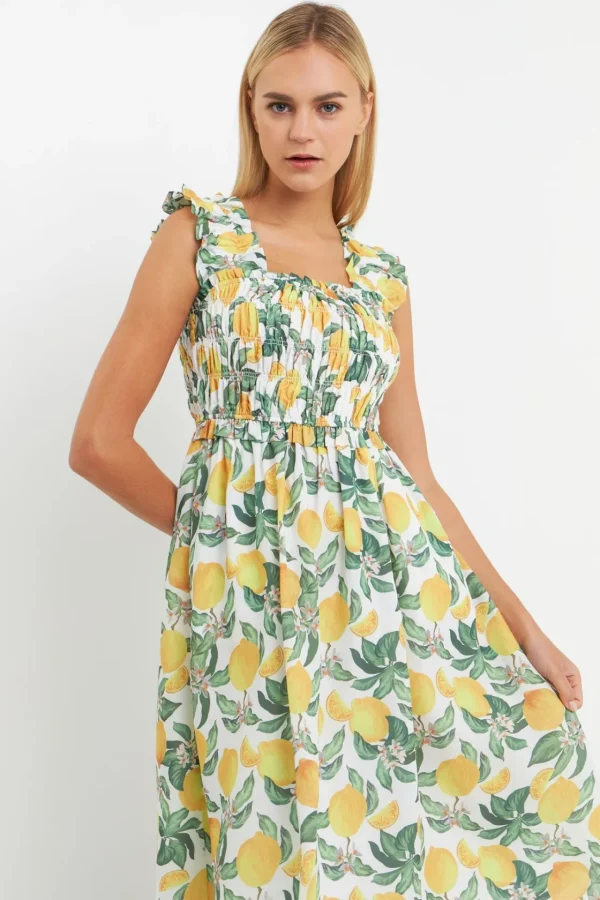 ENGLISH FACTORY Tops*- Lemon Print Smocked Bodice Midi Dress YELLOWMULTI