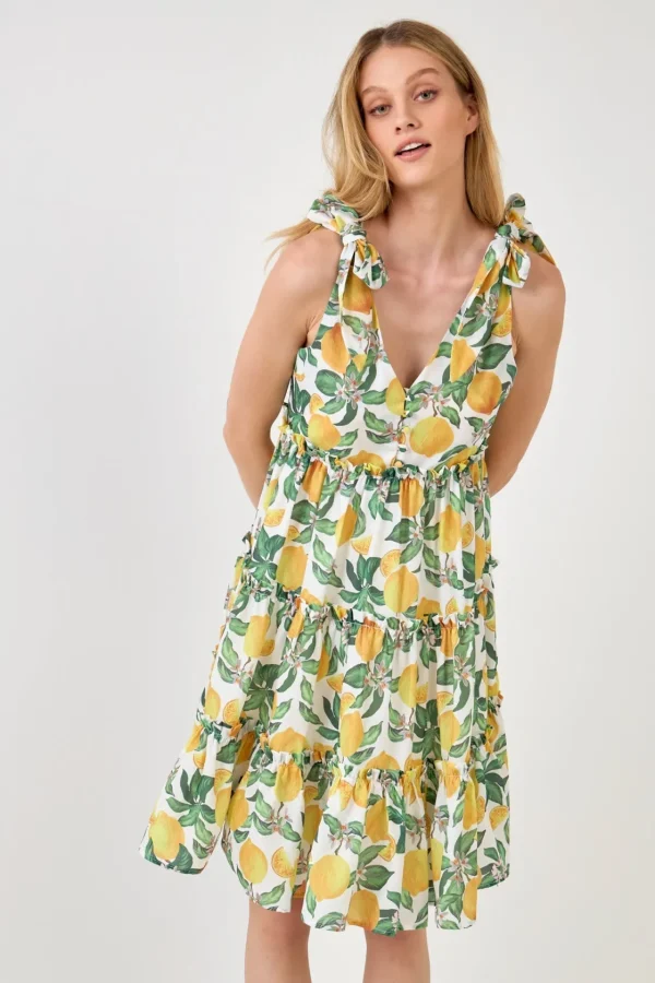 ENGLISH FACTORY Tops*- Lemon Print Tiered Mini Dress YELLOWMULTI