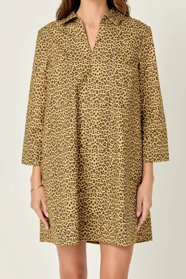 ENGLISH FACTORY Tops*- Leopard Collar Mini Dress BROWN