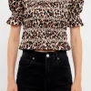 ENGLISH FACTORY Tops*- Leopard Print Puff Short Sleeve Top BROWN