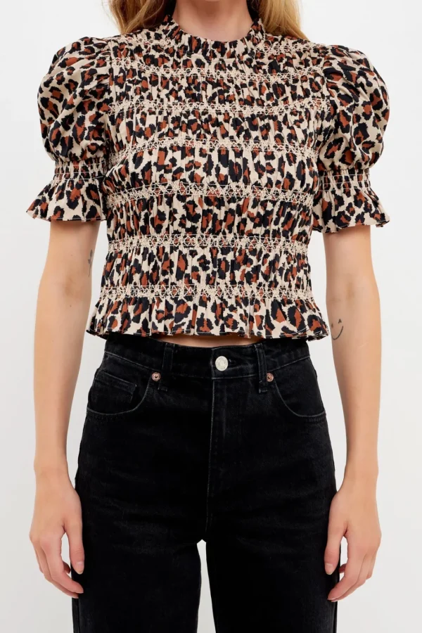ENGLISH FACTORY Tops*- Leopard Print Puff Short Sleeve Top BROWN