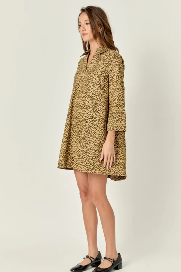 ENGLISH FACTORY Tops*- Leopard Collar Mini Dress BROWN
