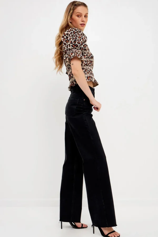 ENGLISH FACTORY Tops*- Leopard Print Puff Short Sleeve Top BROWN