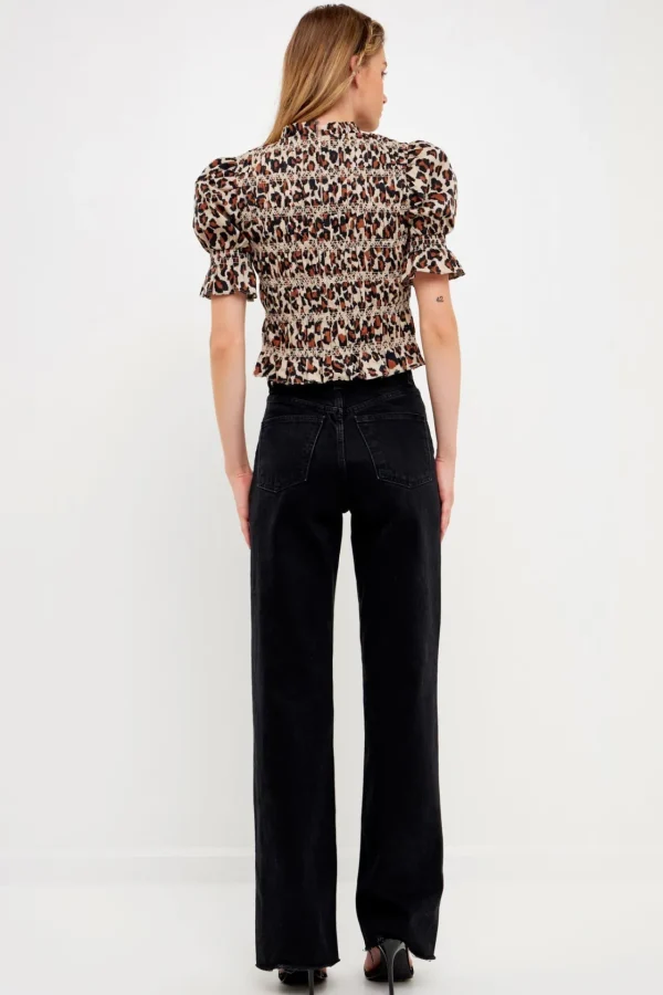 ENGLISH FACTORY Tops*- Leopard Print Puff Short Sleeve Top BROWN