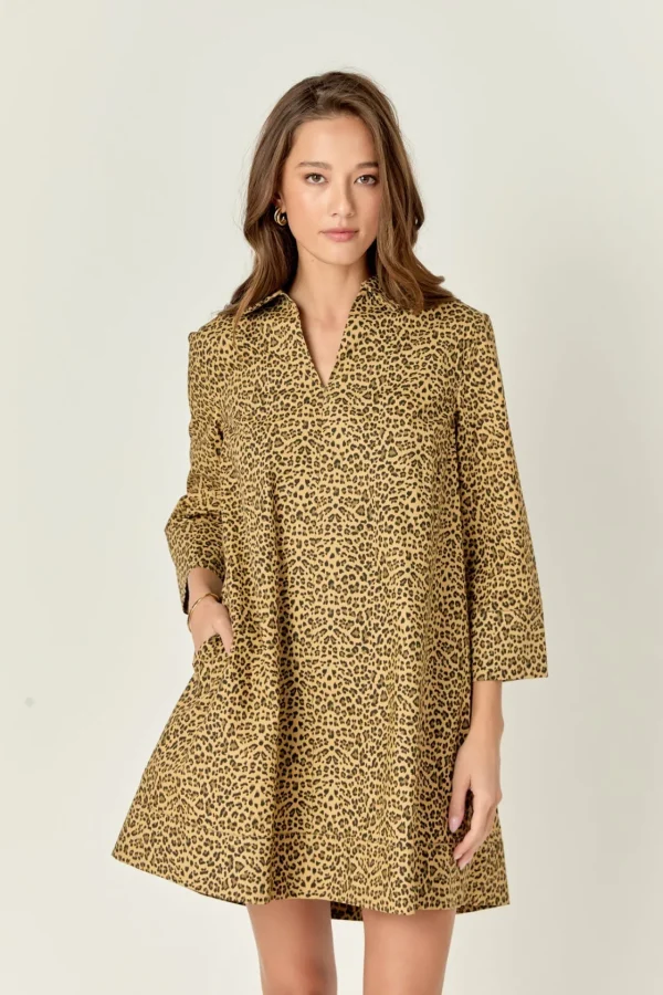 ENGLISH FACTORY Tops*- Leopard Collar Mini Dress BROWN