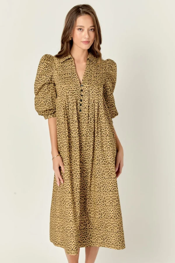 ENGLISH FACTORY Tops*- Leopard Collar Midi Dress BROWN