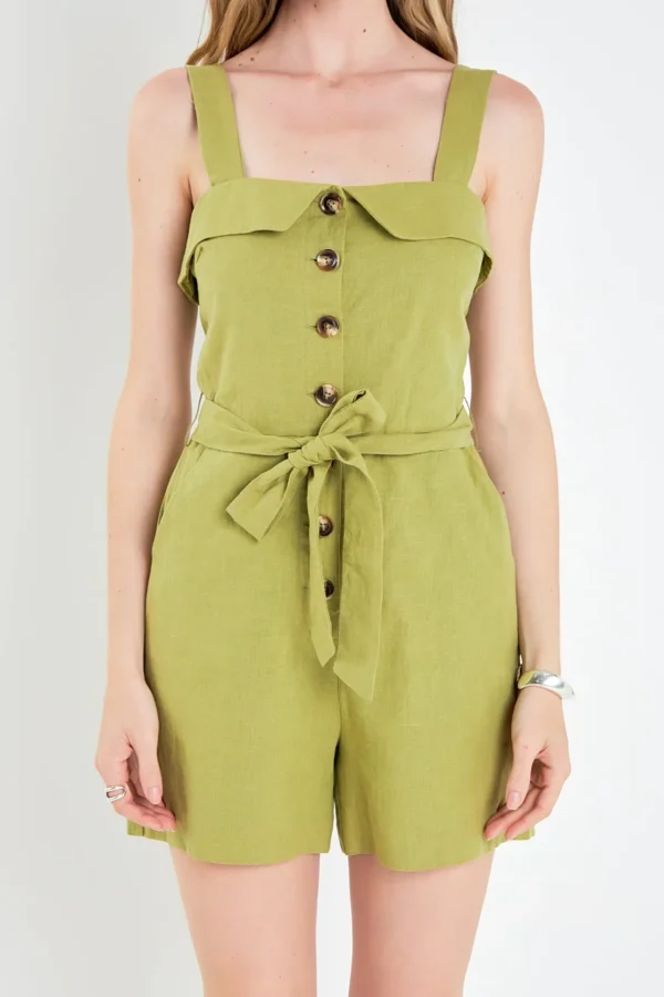 ENGLISH FACTORY Tops*- Linen Romper with Self Tie and Buttons GREEN