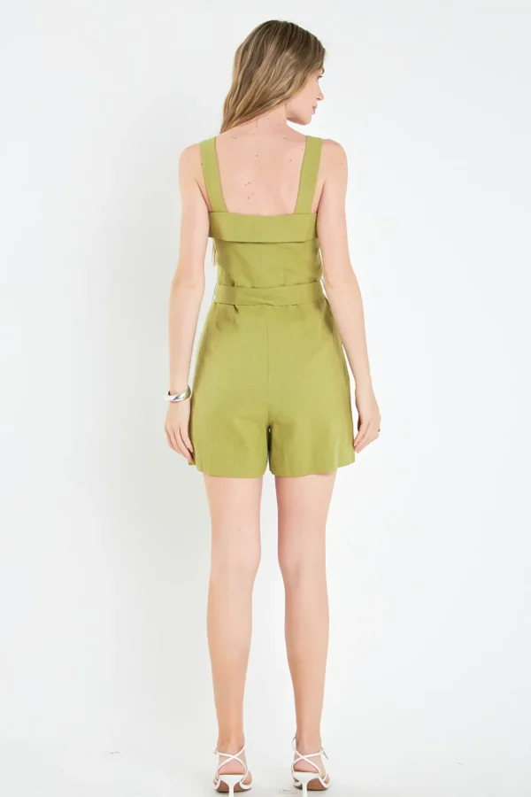 ENGLISH FACTORY Tops*- Linen Romper with Self Tie and Buttons GREEN