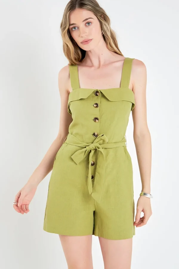 ENGLISH FACTORY Tops*- Linen Romper with Self Tie and Buttons GREEN