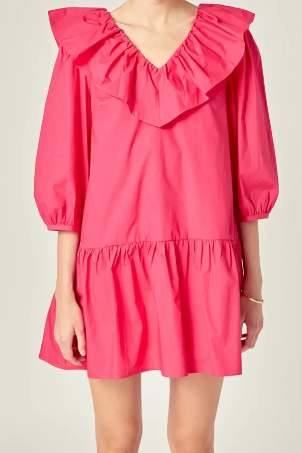 ENGLISH FACTORY Tops*- Long Sleeve V Ruffled Mini BERRY