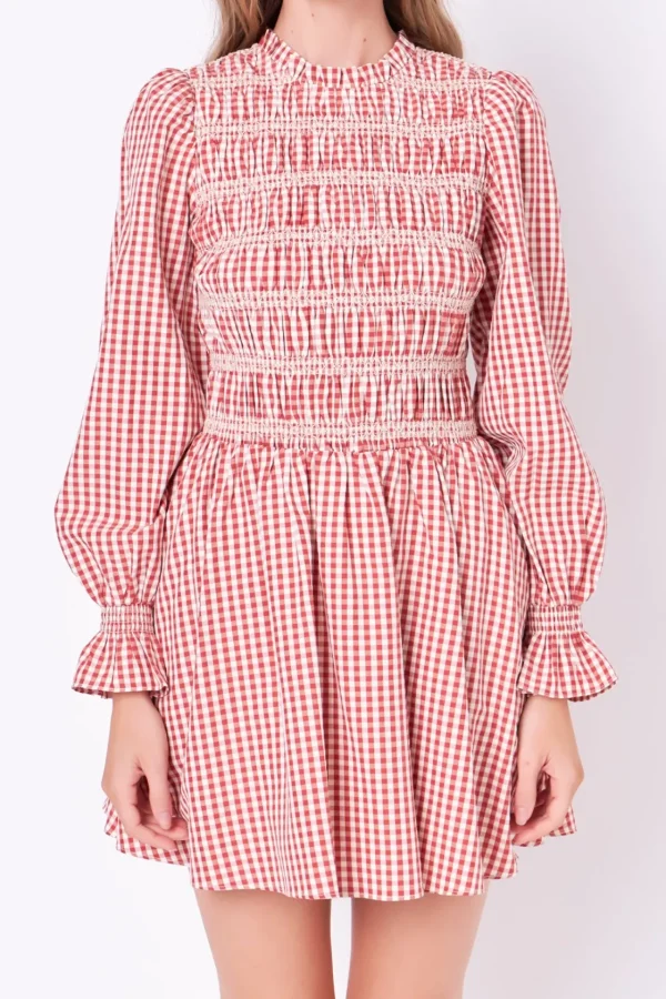 ENGLISH FACTORY Tops*- Long Sleeve Gingham Mini Dress WINE