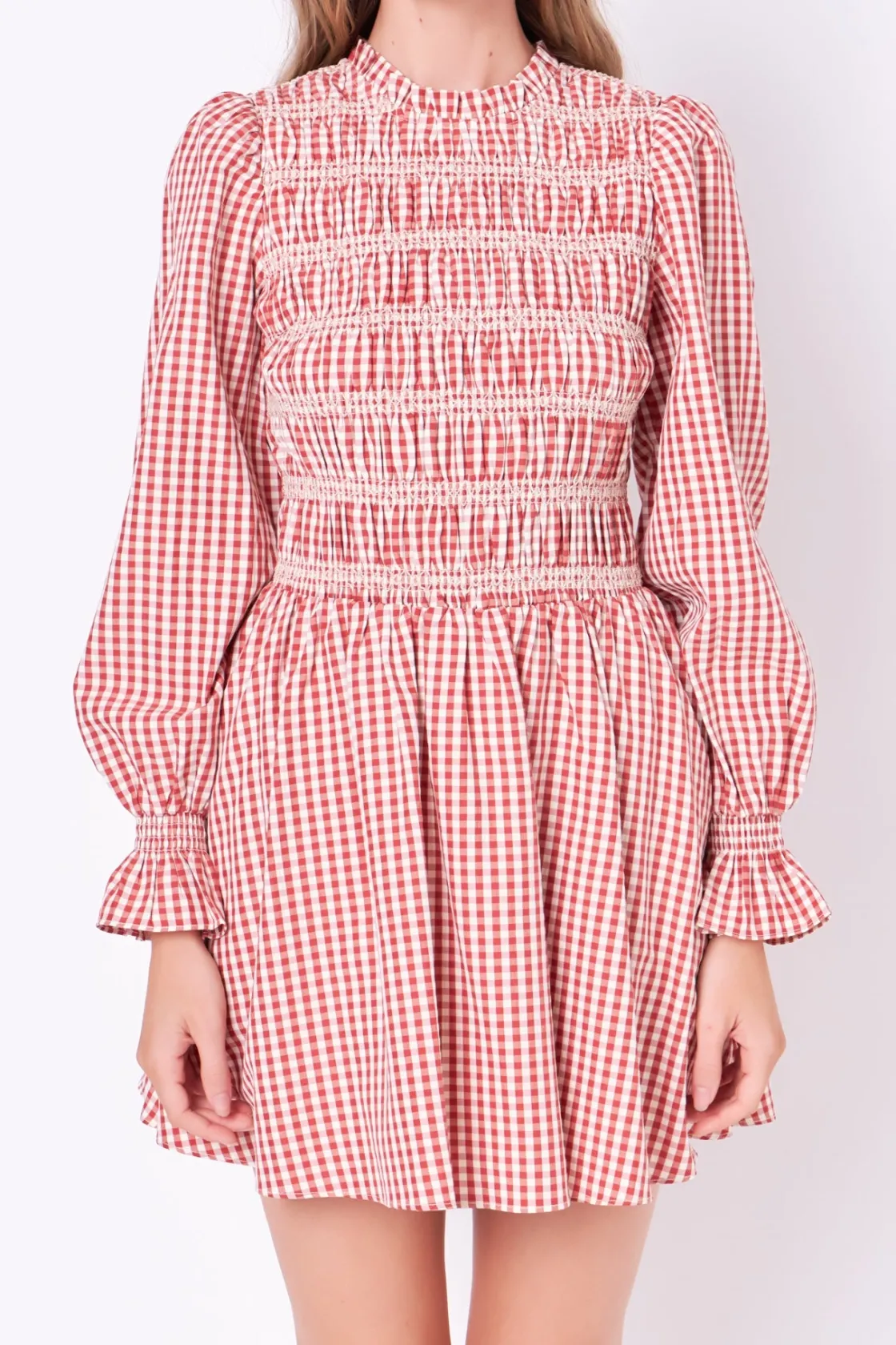 english_factory__long_sle_0.webp ENGLISH FACTORY Tops*- Long Sleeve Gingham Mini Dress WINE