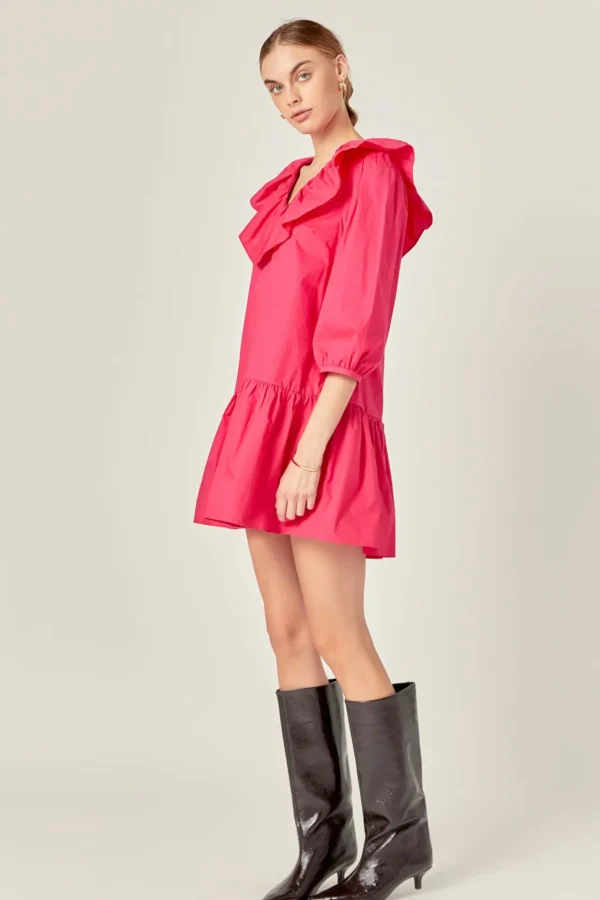 ENGLISH FACTORY Tops*- Long Sleeve V Ruffled Mini BERRY