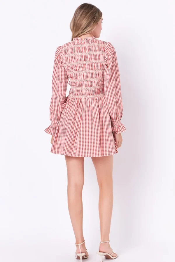ENGLISH FACTORY Tops*- Long Sleeve Gingham Mini Dress WINE