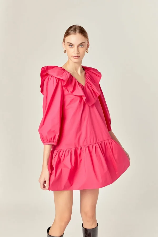 ENGLISH FACTORY Tops*- Long Sleeve V Ruffled Mini BERRY