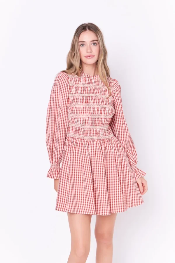 ENGLISH FACTORY Tops*- Long Sleeve Gingham Mini Dress WINE
