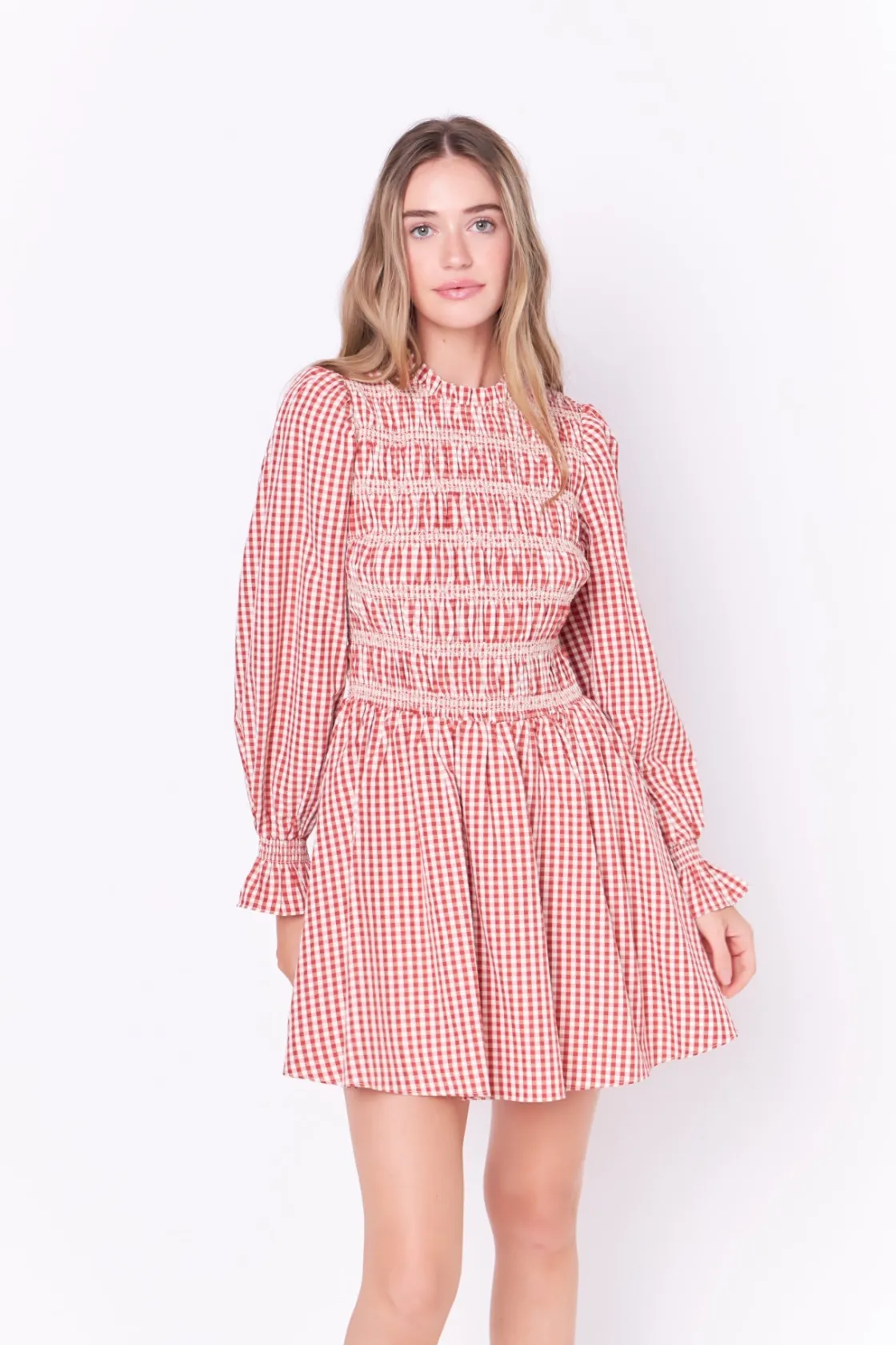 english_factory__long_sle_3.webp ENGLISH FACTORY Tops*- Long Sleeve Gingham Mini Dress WINE