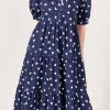 ENGLISH FACTORY Tops*- Lovelyn Heart Printed Midi Dress NAVY/WHITE