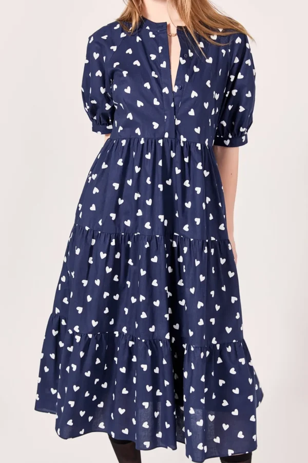 ENGLISH FACTORY Tops*- Lovelyn Heart Printed Midi Dress NAVY/WHITE