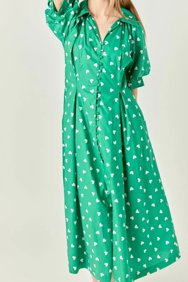 ENGLISH FACTORY Tops*- Lovelyn Heart Print Midi Dress GREEN