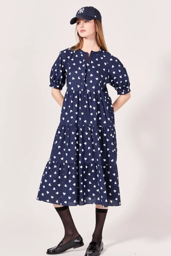 ENGLISH FACTORY Tops*- Lovelyn Heart Printed Midi Dress NAVY/WHITE