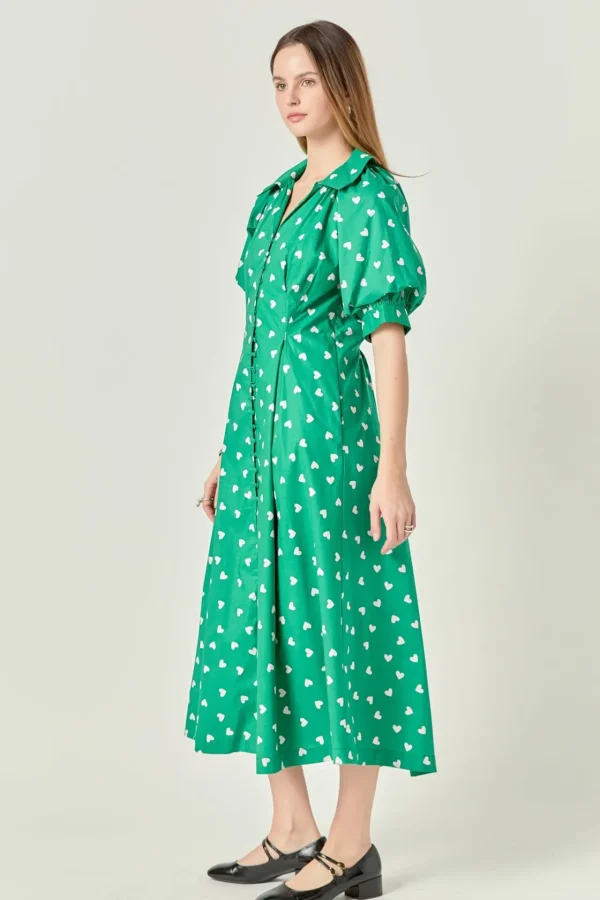 ENGLISH FACTORY Tops*- Lovelyn Heart Print Midi Dress GREEN