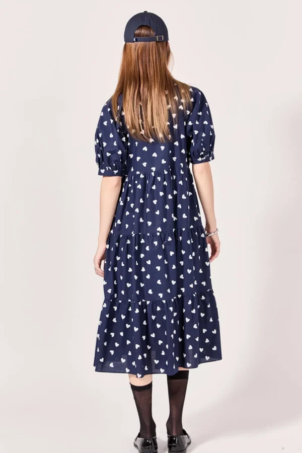 ENGLISH FACTORY Tops*- Lovelyn Heart Printed Midi Dress NAVY/WHITE