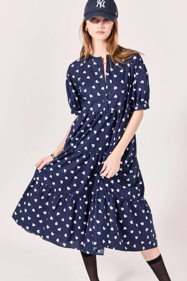 ENGLISH FACTORY Tops*- Lovelyn Heart Printed Midi Dress NAVY/WHITE