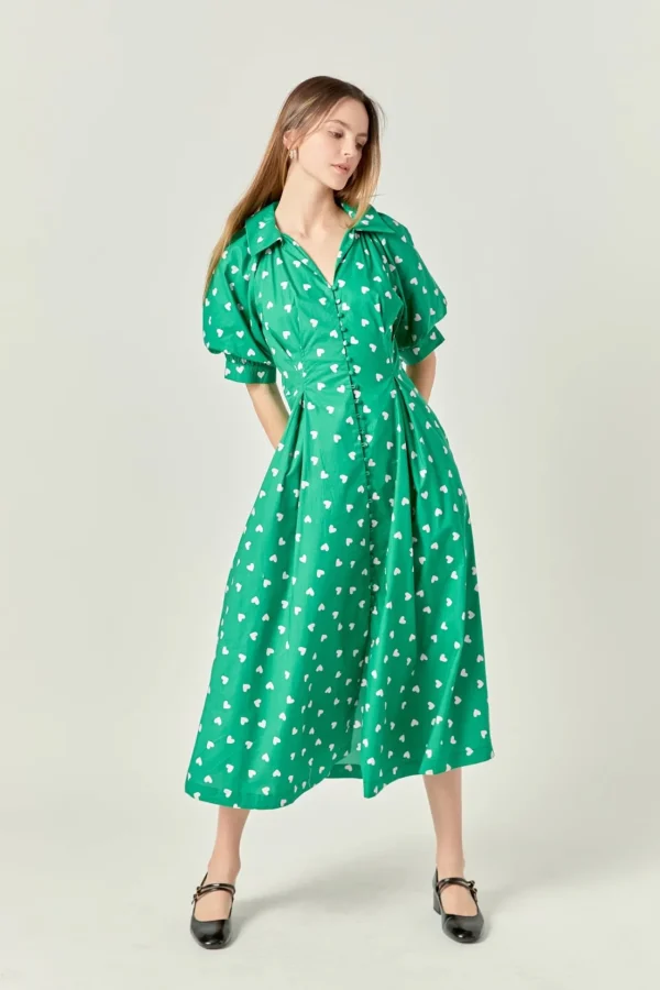ENGLISH FACTORY Tops*- Lovelyn Heart Print Midi Dress GREEN