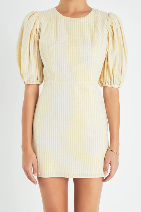 ENGLISH FACTORY Tops*- Metallic Plaid Mini Dress with Back Buttons YELLOW