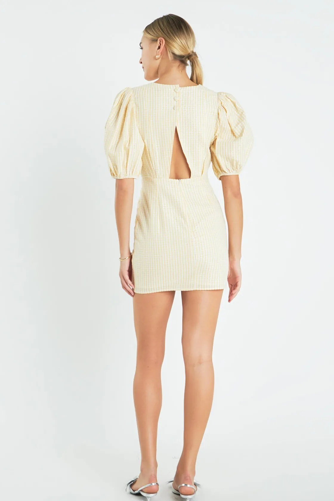 english_factory__metallic_2.webp ENGLISH FACTORY Tops*- Metallic Plaid Mini Dress with Back Buttons YELLOW