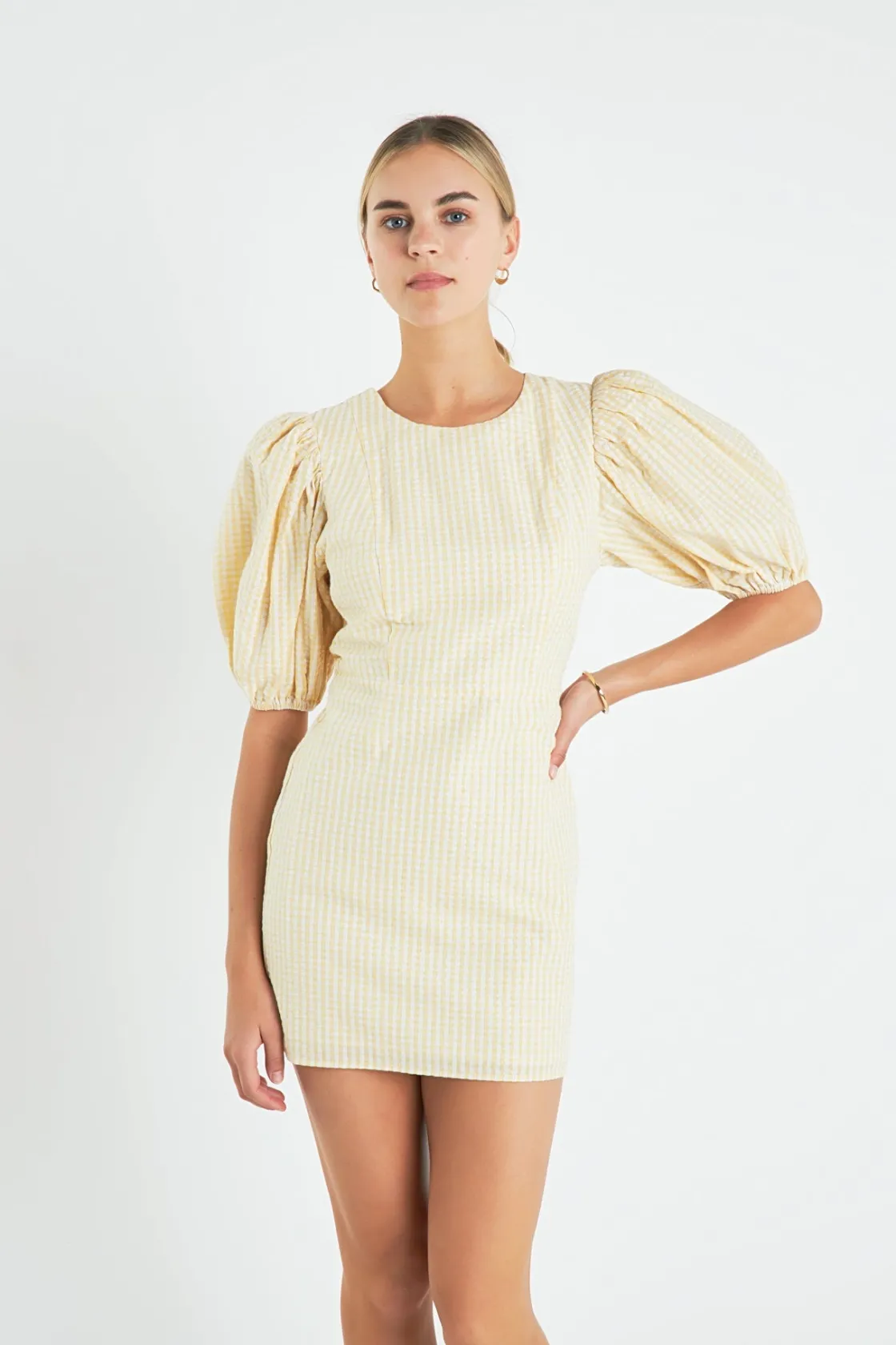 english_factory__metallic_3.webp ENGLISH FACTORY Tops*- Metallic Plaid Mini Dress with Back Buttons YELLOW