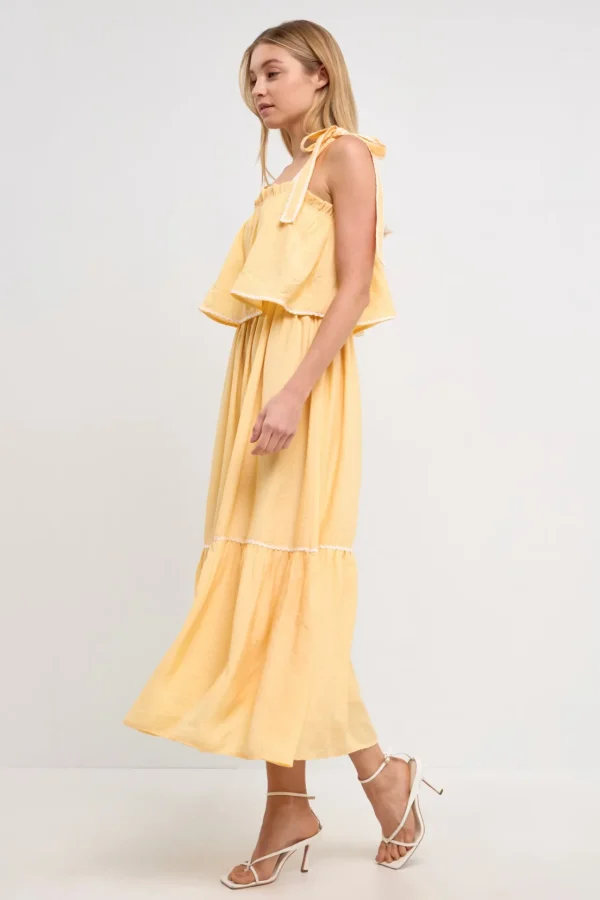 ENGLISH FACTORY Tops*- Midi Dress with Tied Shoulder Strap YELLOW