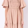 ENGLISH FACTORY Tops*- Mini Dress with Puff Sleeves TAUPE