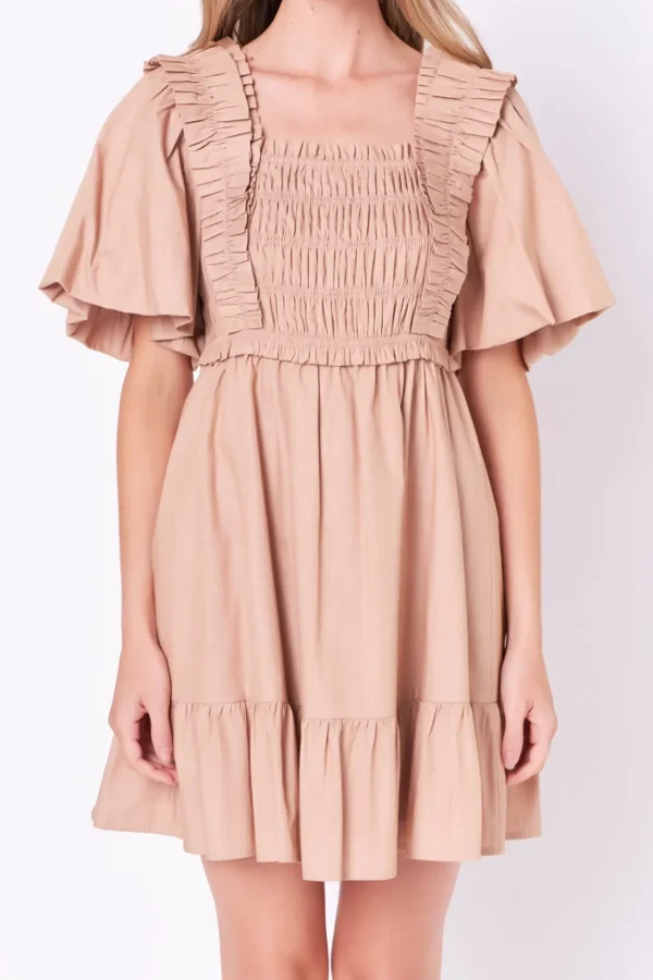 ENGLISH FACTORY Tops*- Mini Dress with Puff Sleeves TAUPE