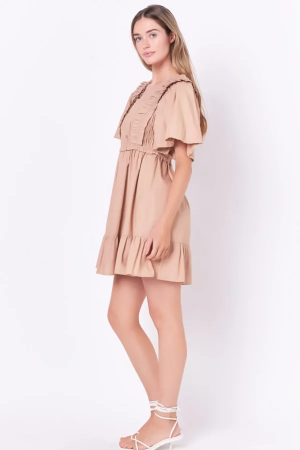 ENGLISH FACTORY Tops*- Mini Dress with Puff Sleeves TAUPE