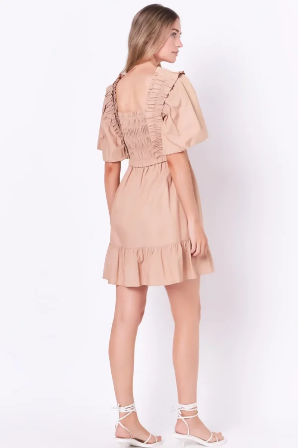 ENGLISH FACTORY Tops*- Mini Dress with Puff Sleeves TAUPE