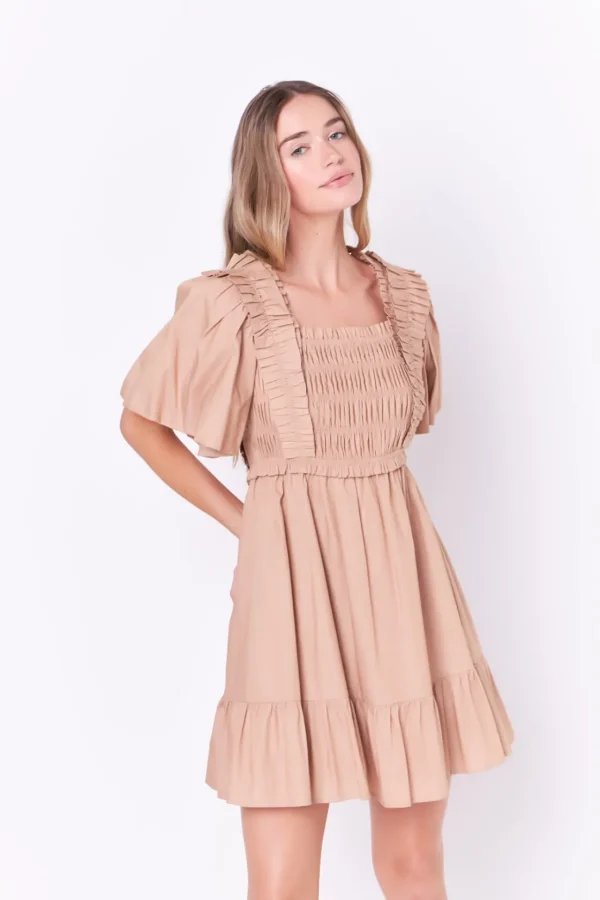 ENGLISH FACTORY Tops*- Mini Dress with Puff Sleeves TAUPE