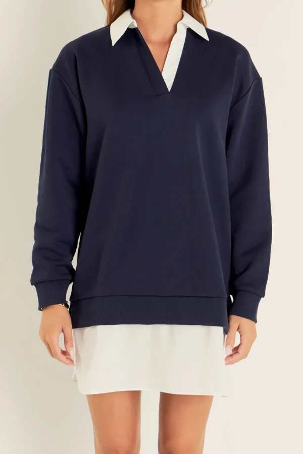 ENGLISH FACTORY Tops*- Mix Media Dress NAVY/WHITE