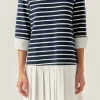 ENGLISH FACTORY Tops*- Mix Media Stripe Pleated Mini Dress NAVY/WHITE