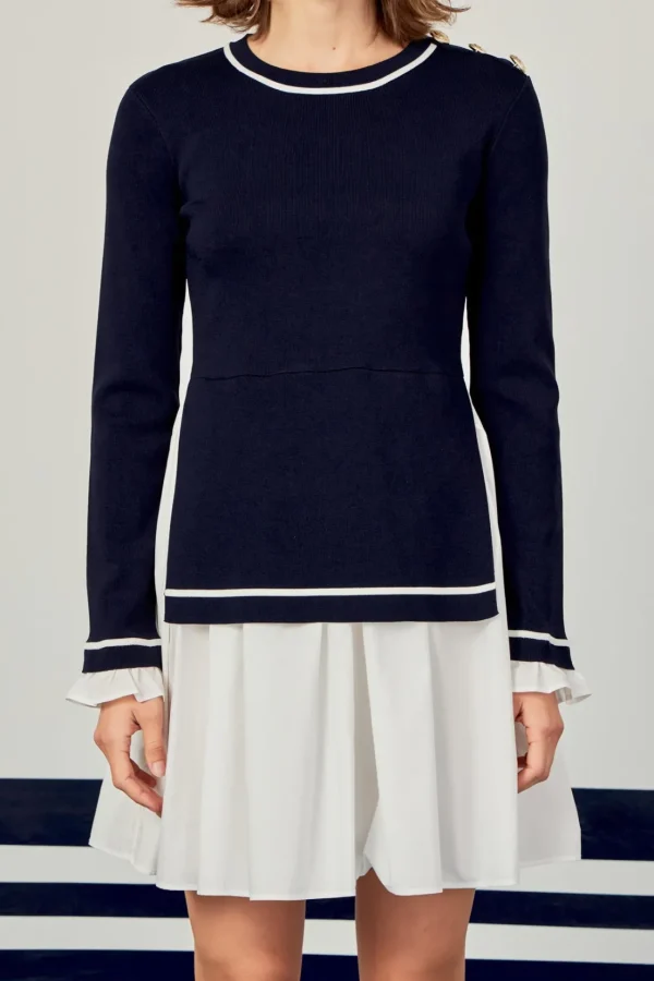 ENGLISH FACTORY Tops*- Mix Media Button Pointed Dress NAVY