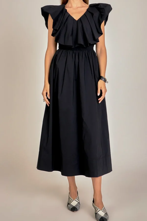 ENGLISH FACTORY Tops*- Mix Media Ruffled Sleeveless Dress BLACK